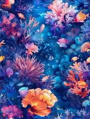 Obraz na płótnie Canvas Immersive underwater digital artwork featuring oceanic shades and seamless patterns, showcased with detailed precision and vibrant hues, evoking a fantasy world with a touch of elegance and playfulnes