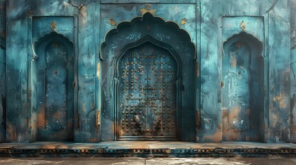 Ancient Indian Temple Archway - Blue and Teal Ornate Door in Weathered Wall - obrazy, fototapety, plakaty