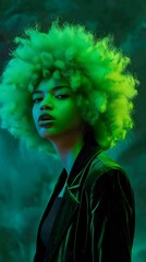 Afro Beauty Under Neon Green Lights in Velvet - Stylish, Bold, Mysterious