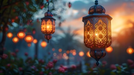 Islamic Lanterns Glowing in a Garden at Sunset, To convey a sense of peace and tranquility, perfect for Iftar celebrations or Islamic-themed designs