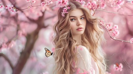 Obraz na płótnie Canvas Blonde Woman Enchanted by Pink Cherry Blossoms in Quiet Garden, To convey a sense of peace, tranquility, and beauty in nature with a touch of