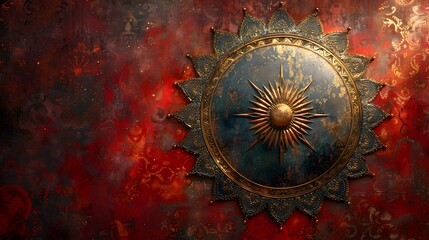 Medieval Fantasy Background with Ancient Shield Adorned in Gold and Blue Sun Symbol