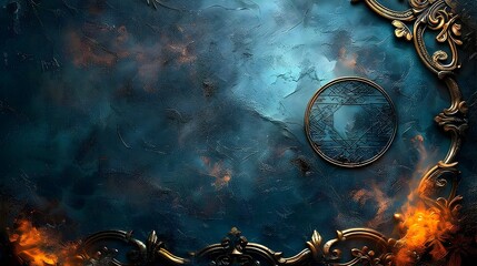 Dark Fantasy Game Background with Ornate Metal Frame and Fire Circle - High Resolution - obrazy, fototapety, plakaty
