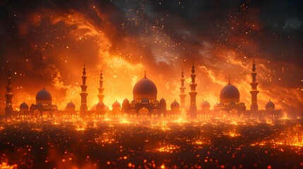 Epic Nighttime Islamic Cityscape Amidst Sea of Fire and Dramatic Sky