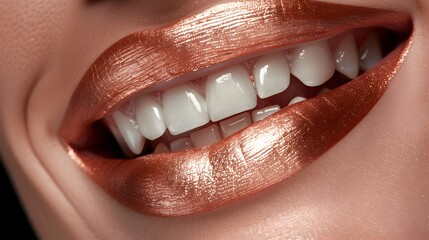 Rose Gold Lipstick Beauty A Close-up of a Womans Stunning Smile, To showcase the beauty and elegance of rose gold lipstick and a stunning smile,