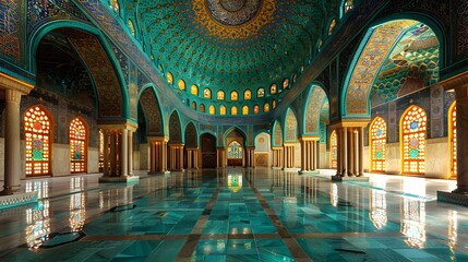 Intricate Islamic Mosque Interior Glowing in Turquoise and Gold Hues