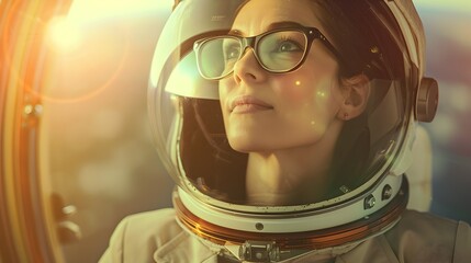 Woman Astronaut in Space with Warm Light and Dreamy Atmosphere - obrazy, fototapety, plakaty
