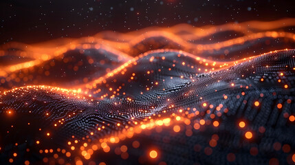 Abstract Digital Landscape of Glowing Dots and Waves, To represent the complexity and power of data visualization in a futuristic setting, conveying