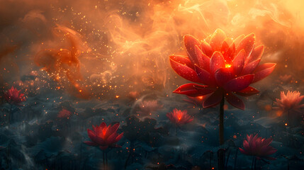 Enchanted Red Lotus in Fantasy Landscape, To provide a visually striking and magical depiction of nature, perfect for use in marketing materials, - obrazy, fototapety, plakaty