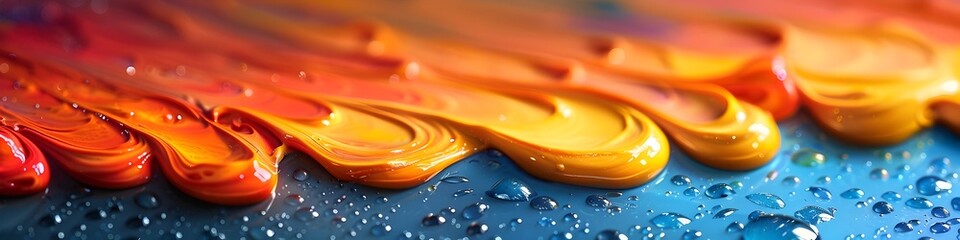 Vivid Orange and Yellow Flames Painted on a Blue Background with Water Droplets, To add a bold and...