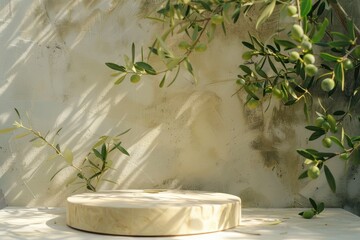 Fototapeta na wymiar Product display podium for natural product. Empty scene with olive tree branch cosmetic mockup clean