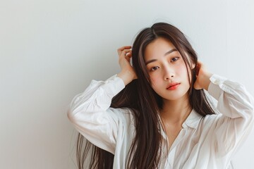 Long hair Korean girl wake up at the morning