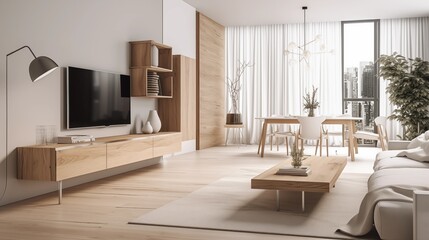 Modern living room with white and natural wood furniture in minimalist design