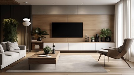Modern living room with white and natural wood furniture in minimalist design