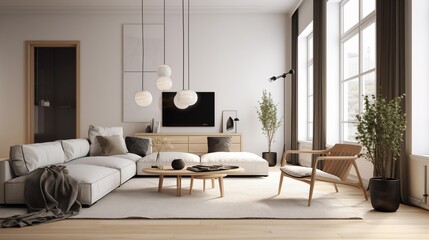 Modern living room with white and natural wood furniture in minimalist design