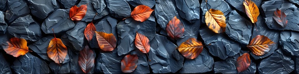 Dark Gray Slate Wall with Autumn Leaves, To provide a unique and eye-catching design element that showcases the beauty of autumn leaves and the