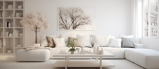 The living room is filled with white furniture, including a sofa and coffee table, showcasing a minimalist Scandinavian interior design. A large window provides ample natural light,