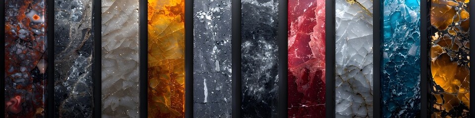 Colorful and Textured Metal and Marble Panels, This image showcases the beauty and diversity of various textures and colors of metal and marble