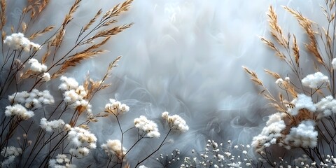 Ethereal Backdrop with Tall Grasses, White Flowers, and Swirling Smoke in Soft Pastel Hues