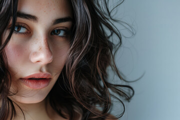 Beauty portrait of a natural young woman with a soft grey copy space background