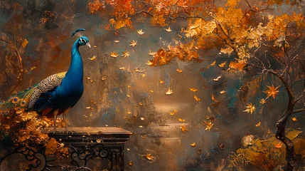 Fotobehang Abstract artistic background. Decorative artistic background with peacock, retro, nostalgic, golden brushstrokes © Imran