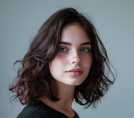 Naklejka premium Beauty portrait of a natural young woman with a soft grey copy space background