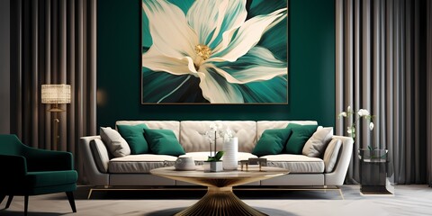 Vibrant emerald green emerges subtly amidst the beige, infusing the canvas with a touch of natural allure.