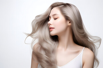 Bleached blonde grey hair girl beauty model presenting her beautiful and healthy hair