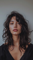Fototapeta premium Beauty portrait of a natural young woman with a soft grey copy space background