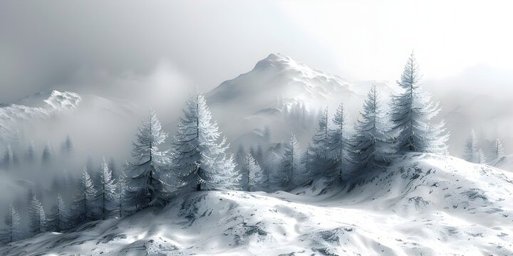 White Snow Covered Mountains with Trees and Foggy Forest in the Background, To provide a highly detailed and realistic image of white snow-covered