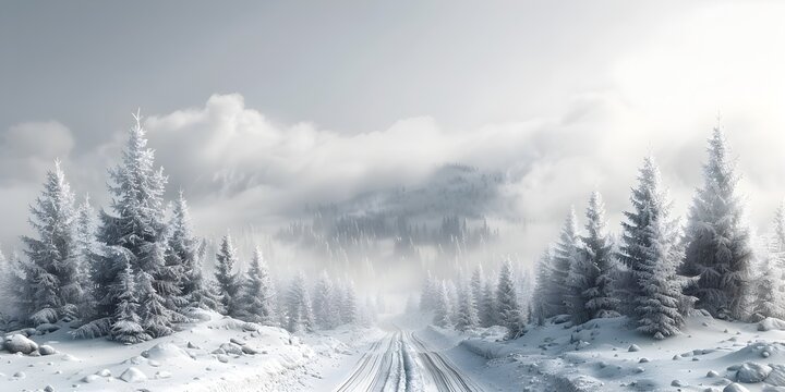Misty Mountain Winter Landscape with Snow-Covered Forest and Road, This stunning winter landscape can be used as a background for various design