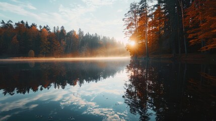 The transition from day to night at an autumn lake, where the last rays of sunlight filter through the trees, casting long shadows and reflecting a spectrum of fall colors on the water's surface. 8k