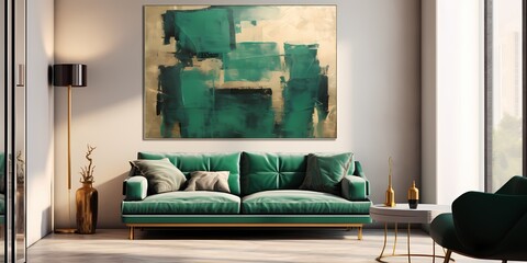 Vibrant emerald green emerges subtly amidst the beige, infusing the canvas with a touch of natural allure.