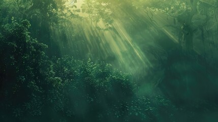 Fototapeta na wymiar The tranquil beauty of a misty Amazon forest at dawn, with the sun's soft light filtering through the mist, illuminating the rich greens of the undergrowth and the towering trees above. 8k