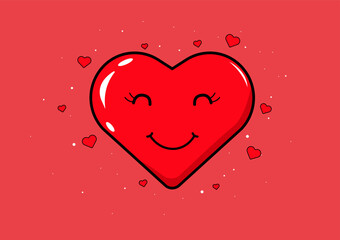 Cartoon vector illustration of a smiling red heart surrounded by smaller hearts.  the joyful expression of the main heart, surrounded by a loving embrace of smaller hearts.