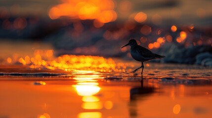 The sun setting over the sea, with its reflection on the wet sand at the shore and a seabird walking along the waterline. 8k - Powered by Adobe