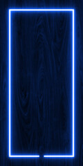 Dark wood wall background, blue neon light and rectangle shape with vertical banner.