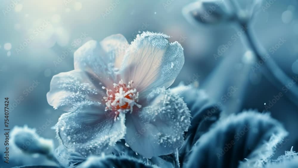 Poster the delicate petals of a frozen flower with a soft light creating a dreamy and enchanting winter atm