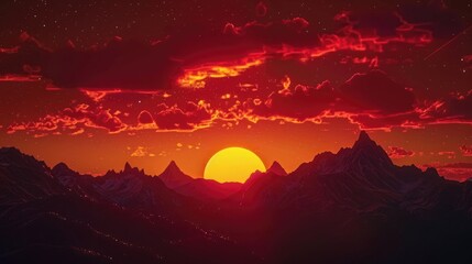 The sun setting behind a silhouette of jagged mountains, with the sky transitioning from bright orange to deep red, and the first stars beginning to twinkle in the emerging twilight. 8k