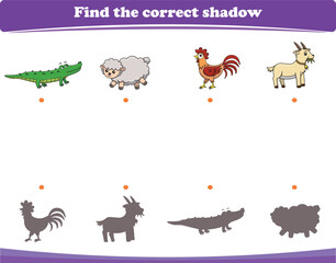 Education game for children find the correct shadow of cute wild animal cartoon. Vector Illustration