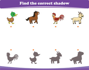 Education game for children find the correct shadow of cute wild animal cartoon. Vector Illustration
