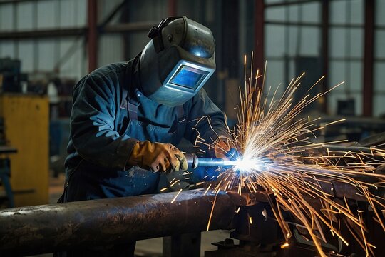 A man welding a piece of metal with sparks in a factory, welding torches for arms, welding helmet head, industrial photography, metalwork