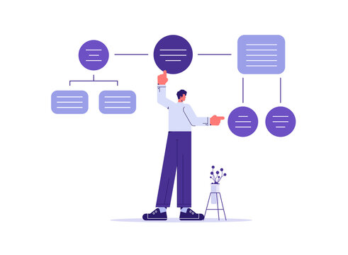 Data analysis, research concept or complex process flow chart, business flowchart. Manager works with algorithm scheme, information structure, system