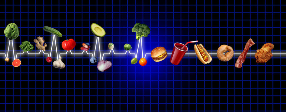 Food ECG Concept as a normal healthy EKG or flatline heart rate rythm as a cardiac disorder monitoring due to diet choices.