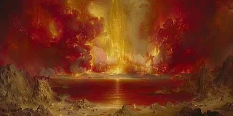 Poster Majestic Volcanic Eruption with Divine Light Beaming Through Ash Clouds, Reflecting on Calm Lake © Ross