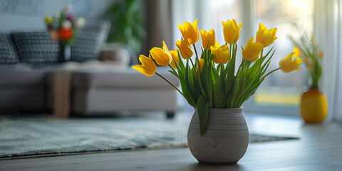 Fresh tulip bouquet brings springtime elegance indoors White home interior with spring flowers and decorations.AI Generative