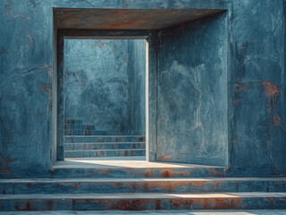 Abstract View of Stairs through a Blue Rustic Window Frame
