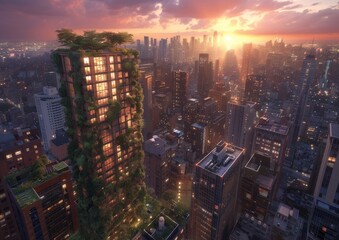 Fototapeta na wymiar Eco-Friendly Skyscraper Enveloped in Lush Greenery at Dawn in Urban Landscape
