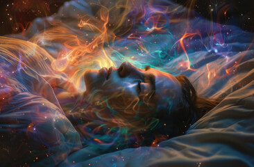 a person sleeping in bed, dreamy and surrealistic scene with the cosmos swirling around them, ethereal light illuminating their face, a galaxy visible through an open window