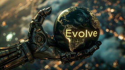 Robot hand holding a world globe with the word evolve